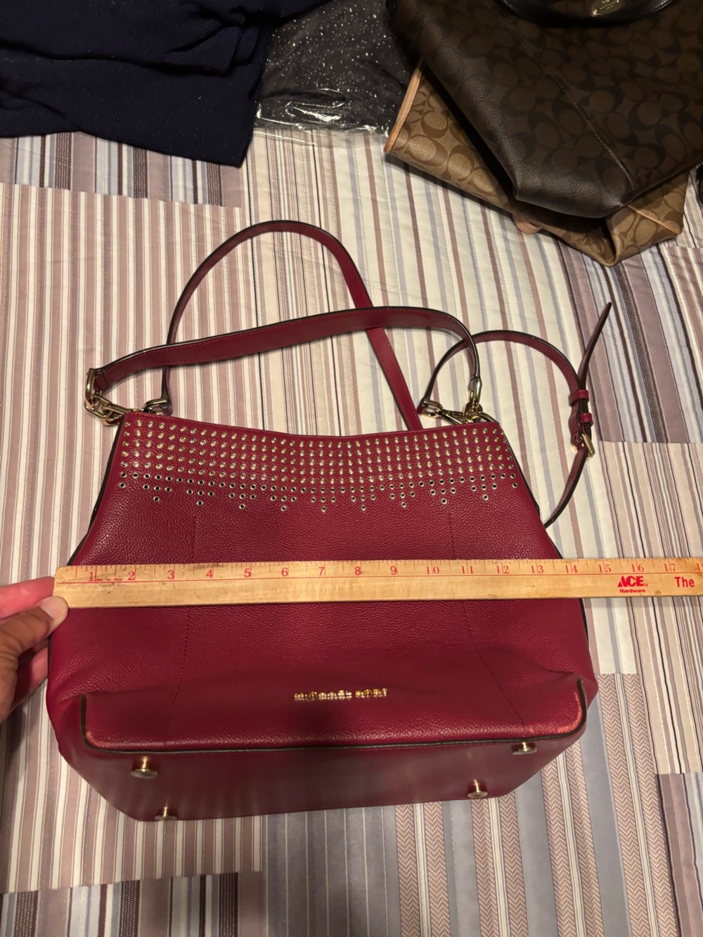 Michael Kors Burgundy Leather Shoulder Bag with Gold Studs - Picture 1 of 5